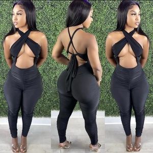 Womens Silky Criss Cross Black jumpsuit